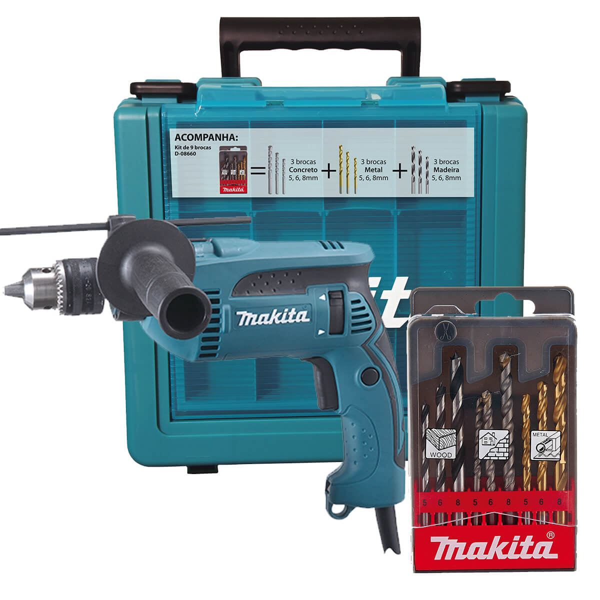 Makita Impact Drill W/ Drill Bit Set, HP1230+D-08660, 10PCS